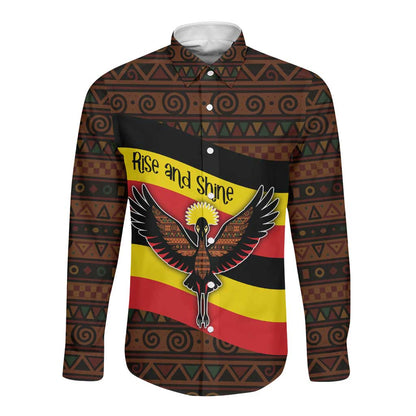 Uganda Long Sleeve Button Shirt - Crested Crane and Rise and Shine Tribal Pattern Design