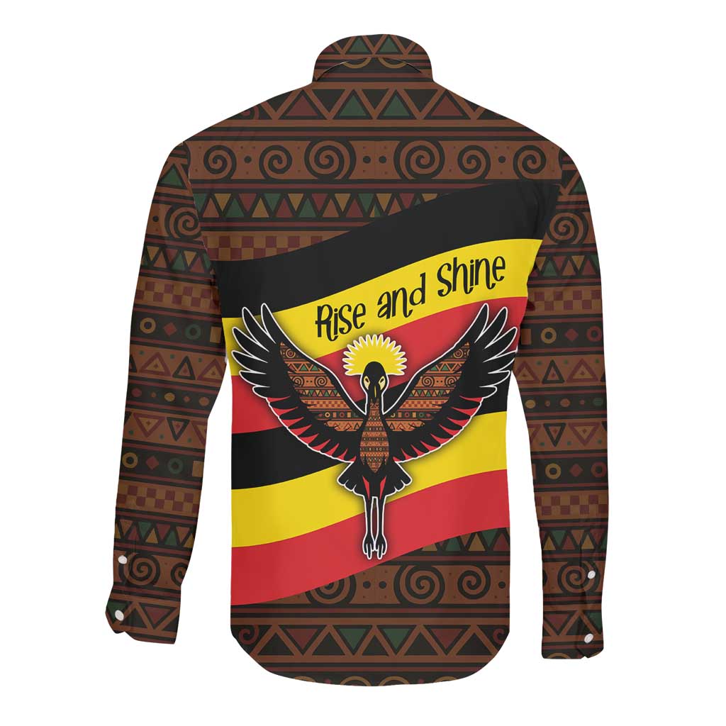 Uganda Long Sleeve Button Shirt - Crested Crane and Rise and Shine Tribal Pattern Design