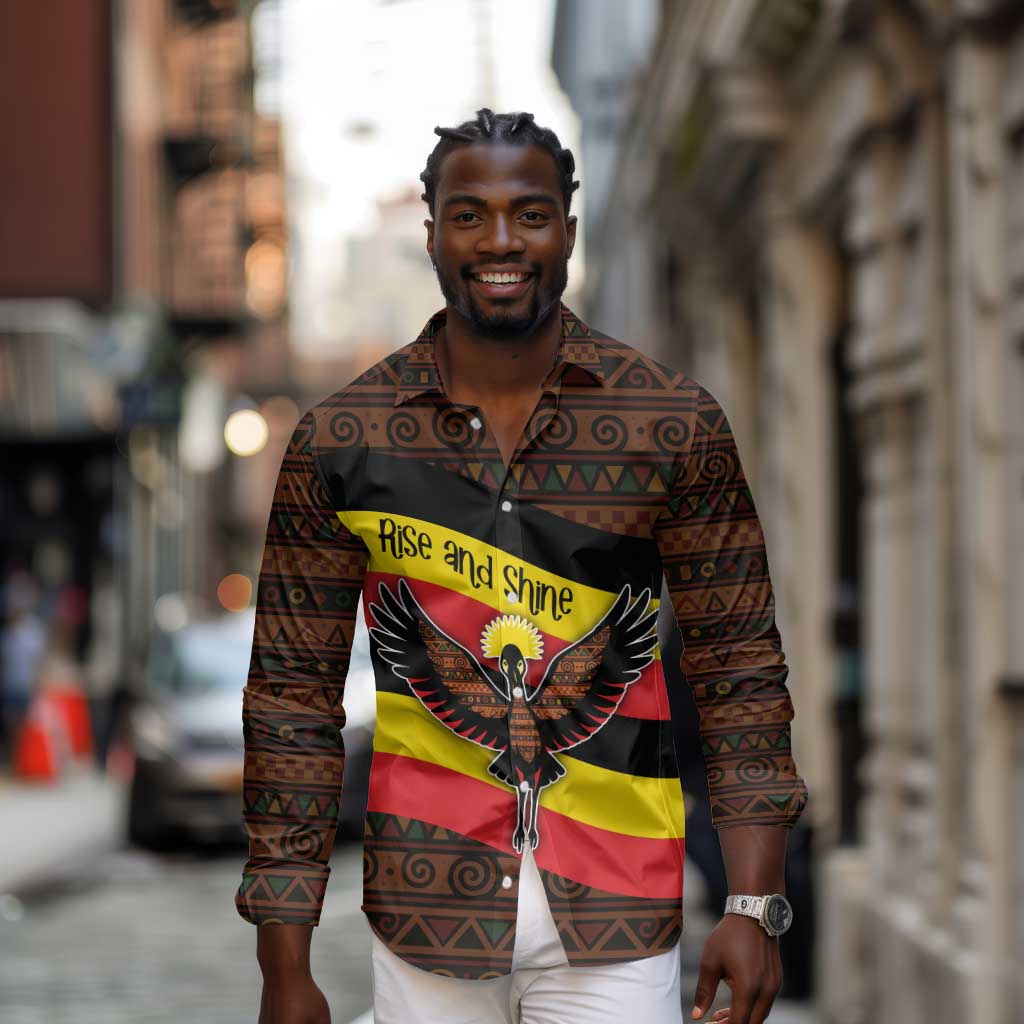 Uganda Long Sleeve Button Shirt - Crested Crane and Rise and Shine Tribal Pattern Design