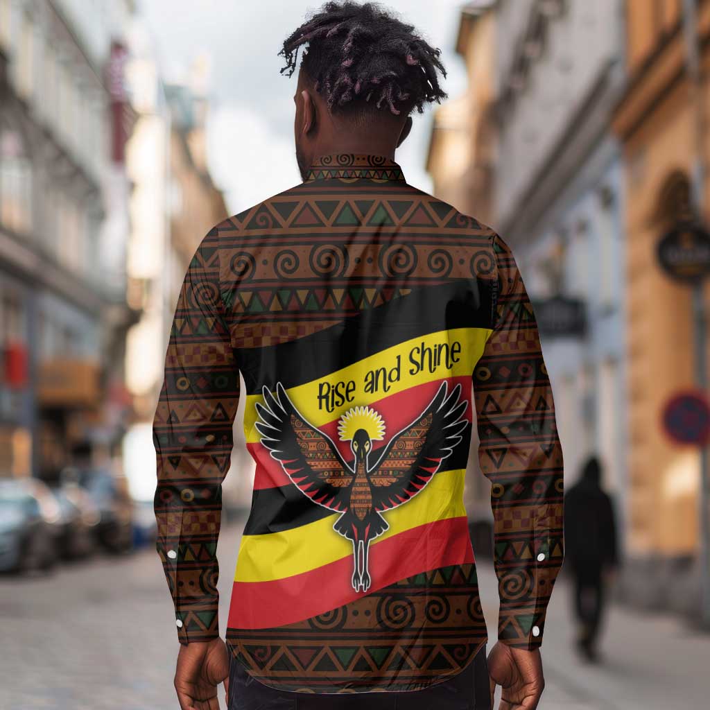 Uganda Long Sleeve Button Shirt - Crested Crane and Rise and Shine Tribal Pattern Design