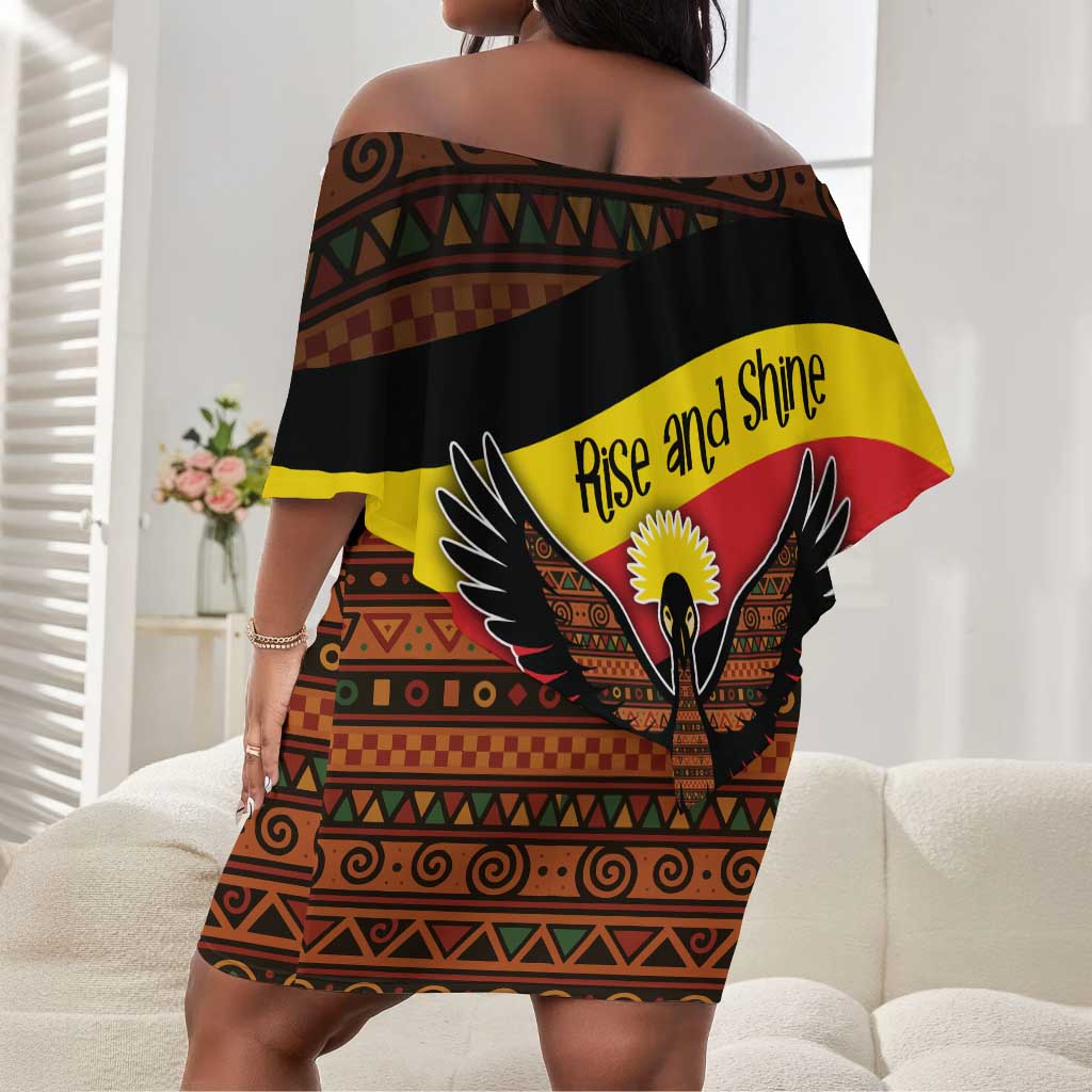 Uganda Off Shoulder Short Dress - Crested Crane and Rise and Shine Tribal Pattern Design
