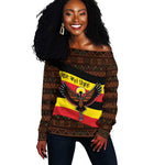 Uganda Off Shoulder Sweater - Crested Crane and Rise and Shine Tribal Pattern Design
