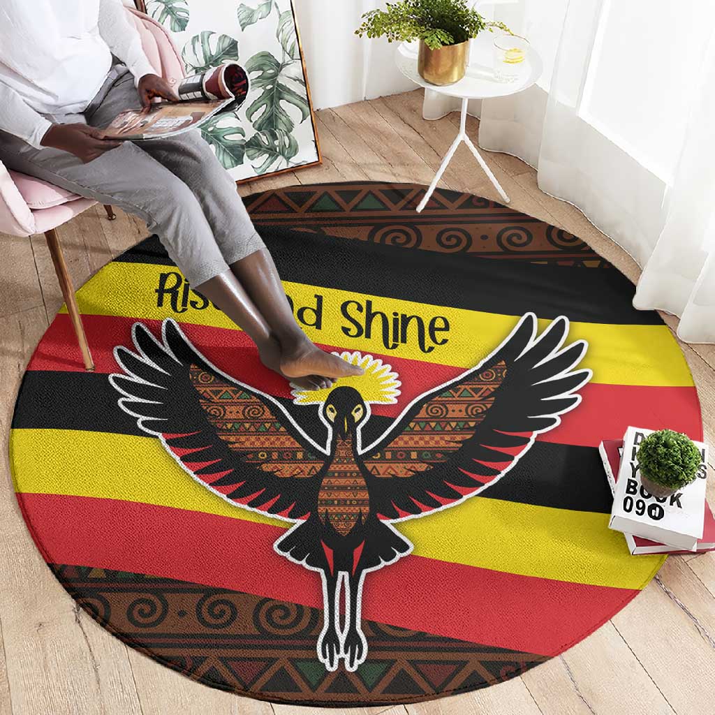 Uganda Round Carpet - Crested Crane and Rise and Shine Tribal Pattern Design