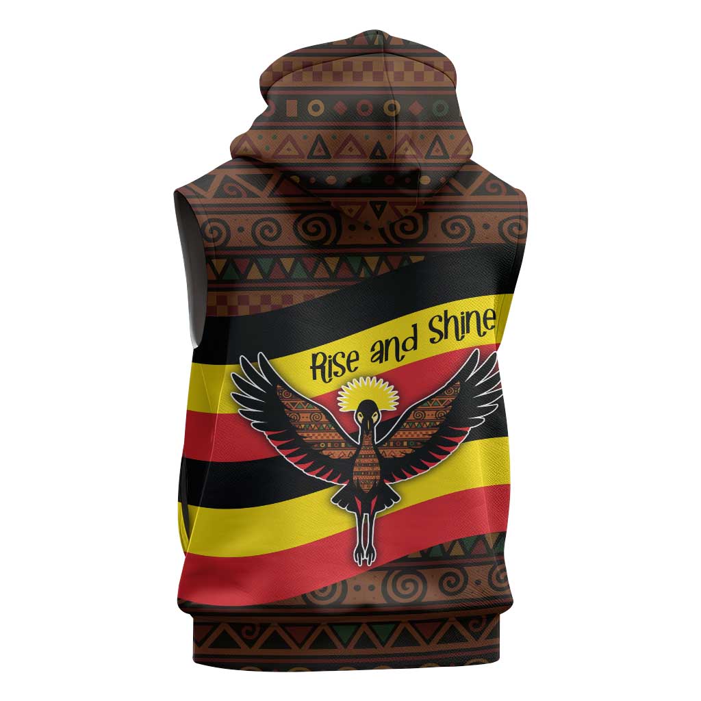 Uganda Sleeveless Zip Hoodie - Crested Crane and Rise and Shine Tribal Pattern Design - African Pride