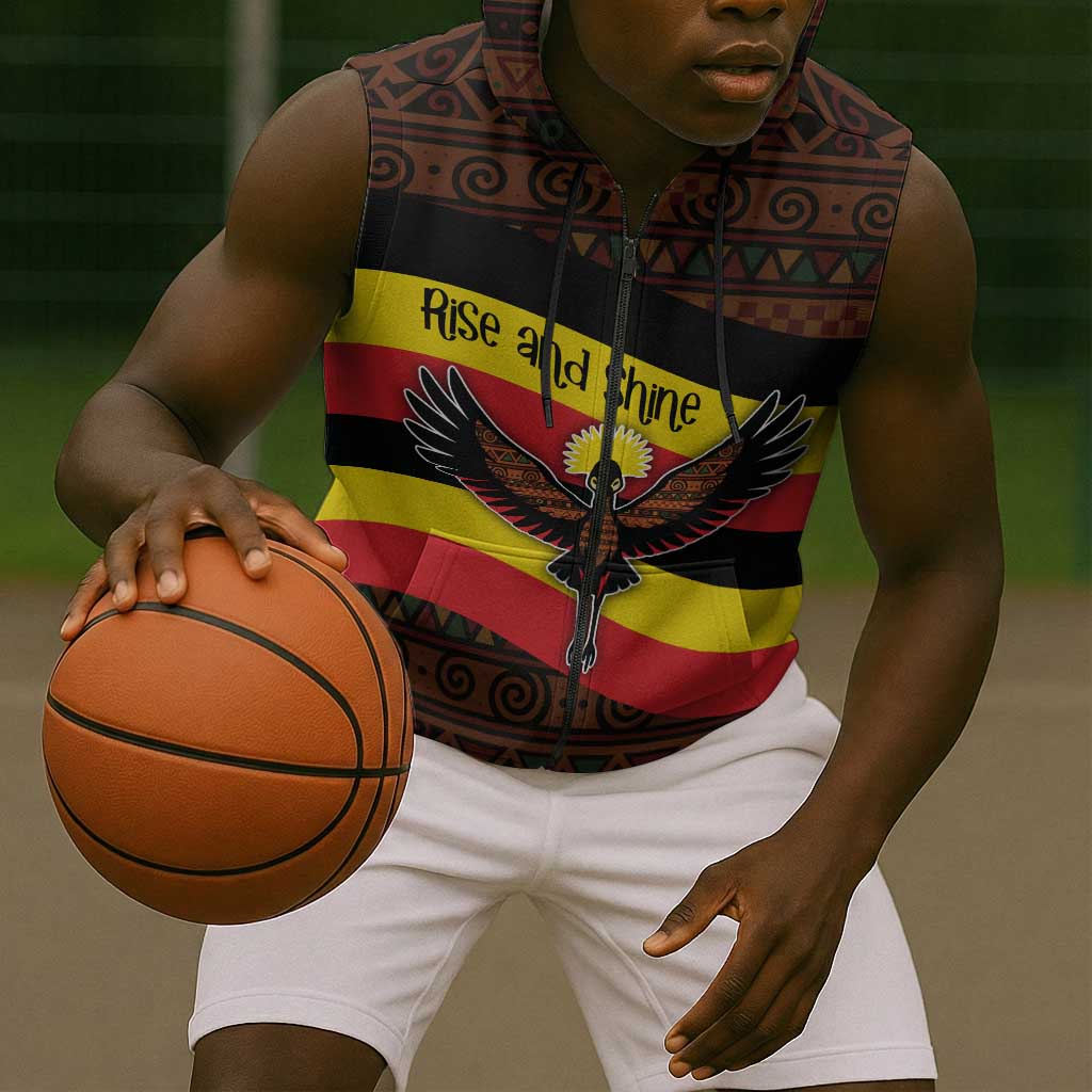 Uganda Sleeveless Zip Hoodie - Crested Crane and Rise and Shine Tribal Pattern Design - African Pride