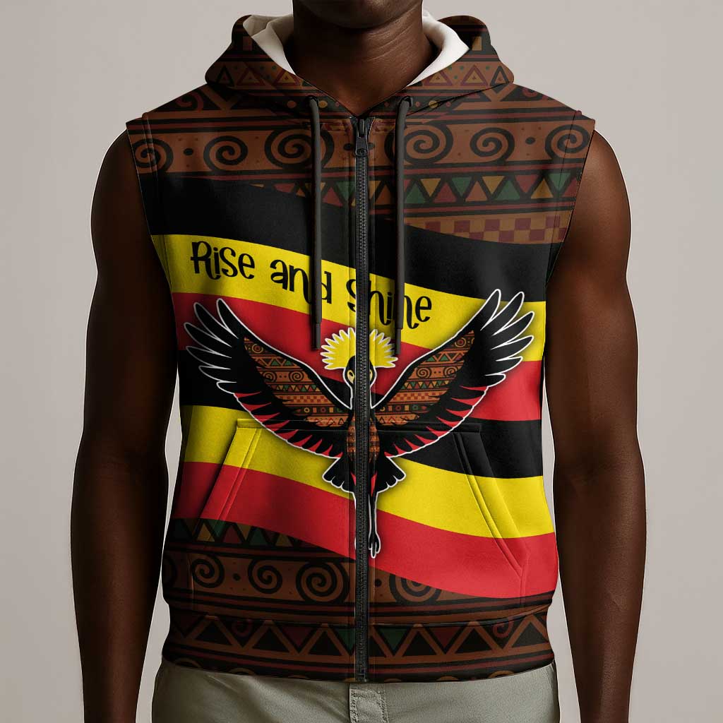Uganda Sleeveless Zip Hoodie - Crested Crane and Rise and Shine Tribal Pattern Design - African Pride