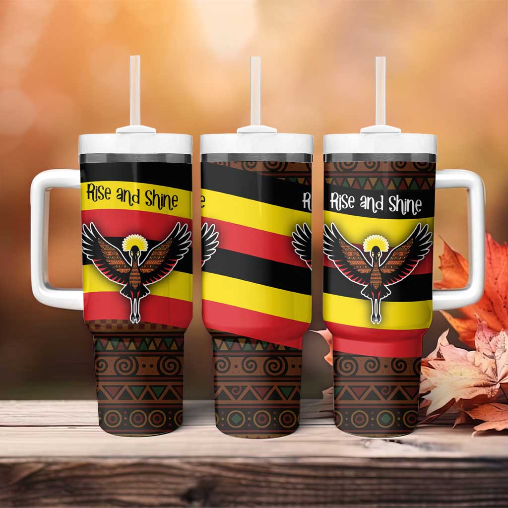 Uganda Tumbler With Handle - Crested Crane and Rise and Shine Tribal Pattern Design