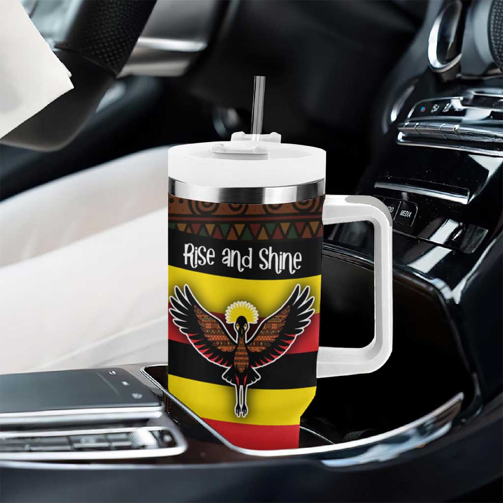 Uganda Tumbler With Handle - Crested Crane and Rise and Shine Tribal Pattern Design