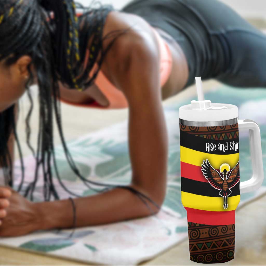 Uganda Tumbler With Handle - Crested Crane and Rise and Shine Tribal Pattern Design