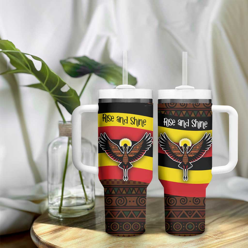 Uganda Tumbler With Handle - Crested Crane and Rise and Shine Tribal Pattern Design