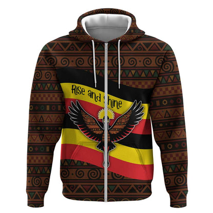 Uganda Zip Hoodie - Crested Crane and Rise and Shine Tribal Pattern Design