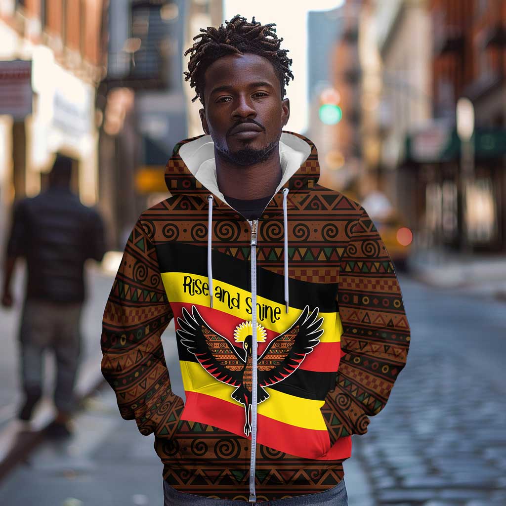 Uganda Zip Hoodie - Crested Crane and Rise and Shine Tribal Pattern Design