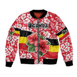 Uganda Bomber Jacket - Red Hibiscus Flowers and National Flag Design
