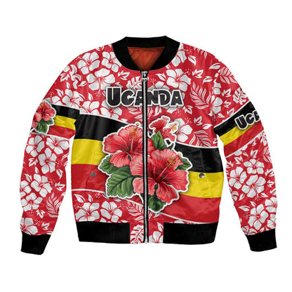 Uganda Bomber Jacket - Red Hibiscus Flowers and National Flag Design
