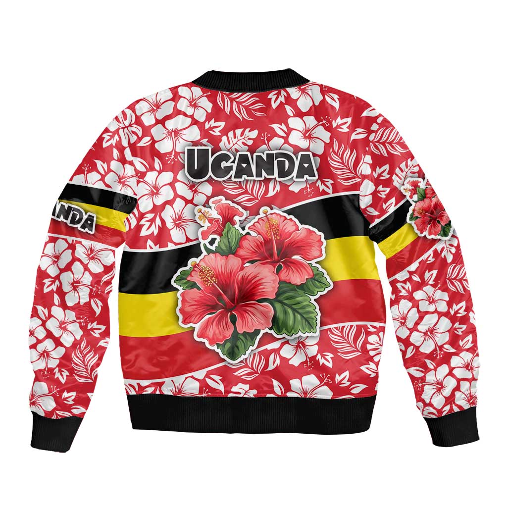 Uganda Bomber Jacket - Red Hibiscus Flowers and National Flag Design