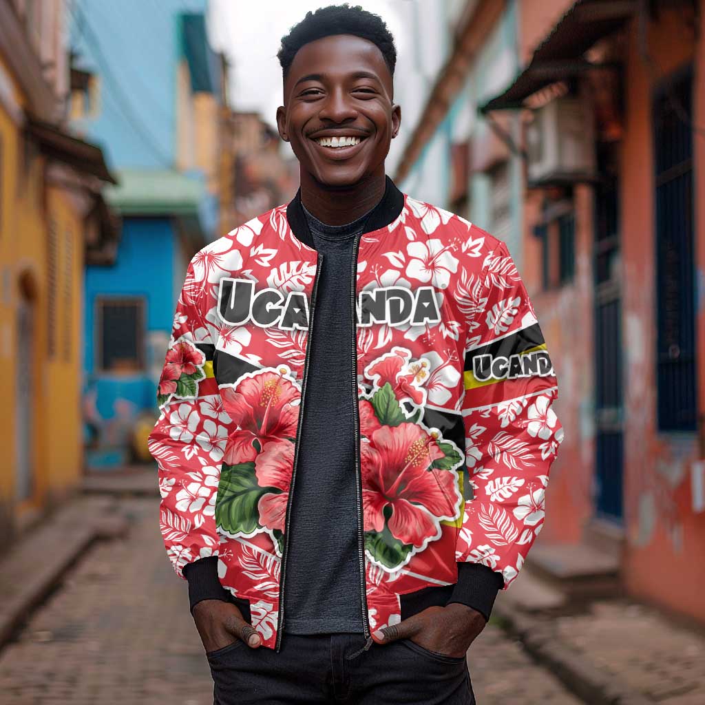 Uganda Bomber Jacket - Red Hibiscus Flowers and National Flag Design