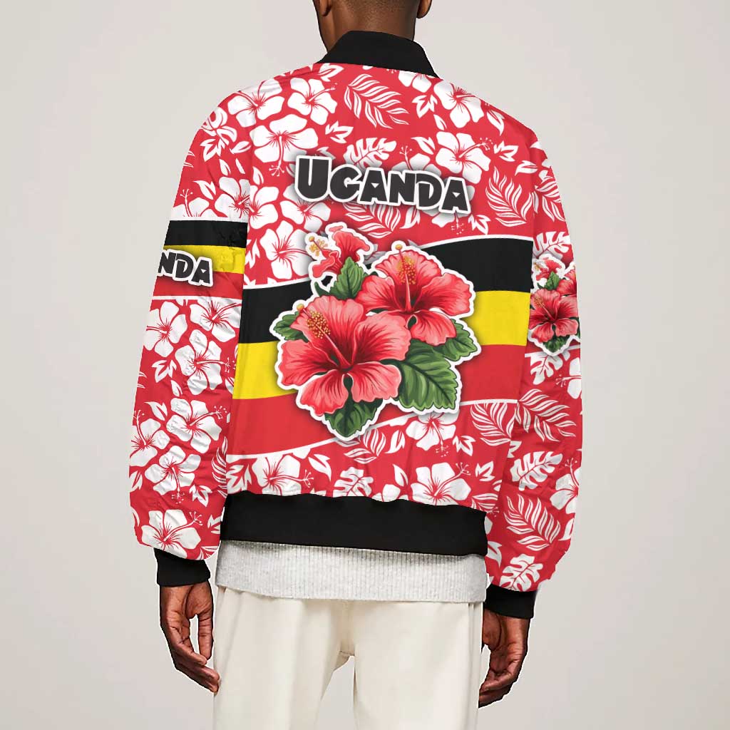 Uganda Bomber Jacket - Red Hibiscus Flowers and National Flag Design