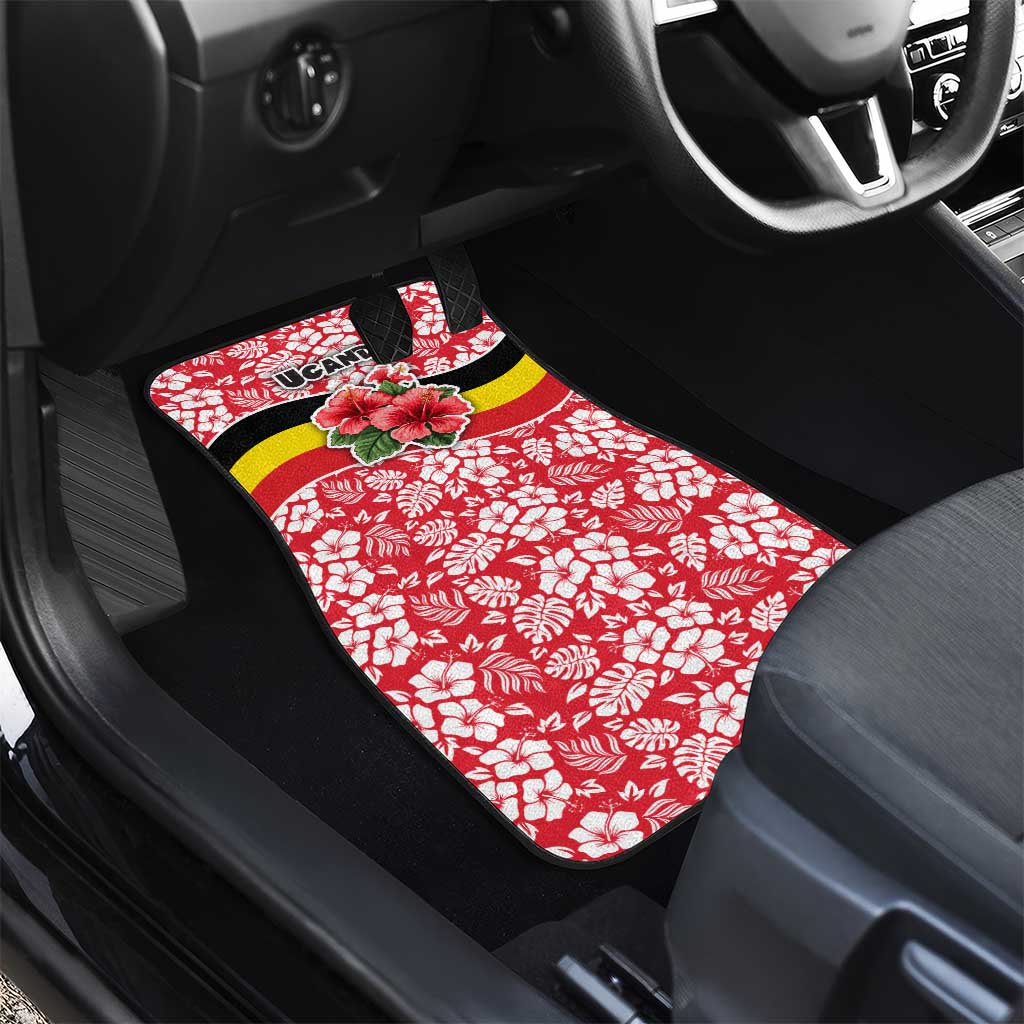 Uganda Car Mats - Red Hibiscus Flowers and National Flag Design