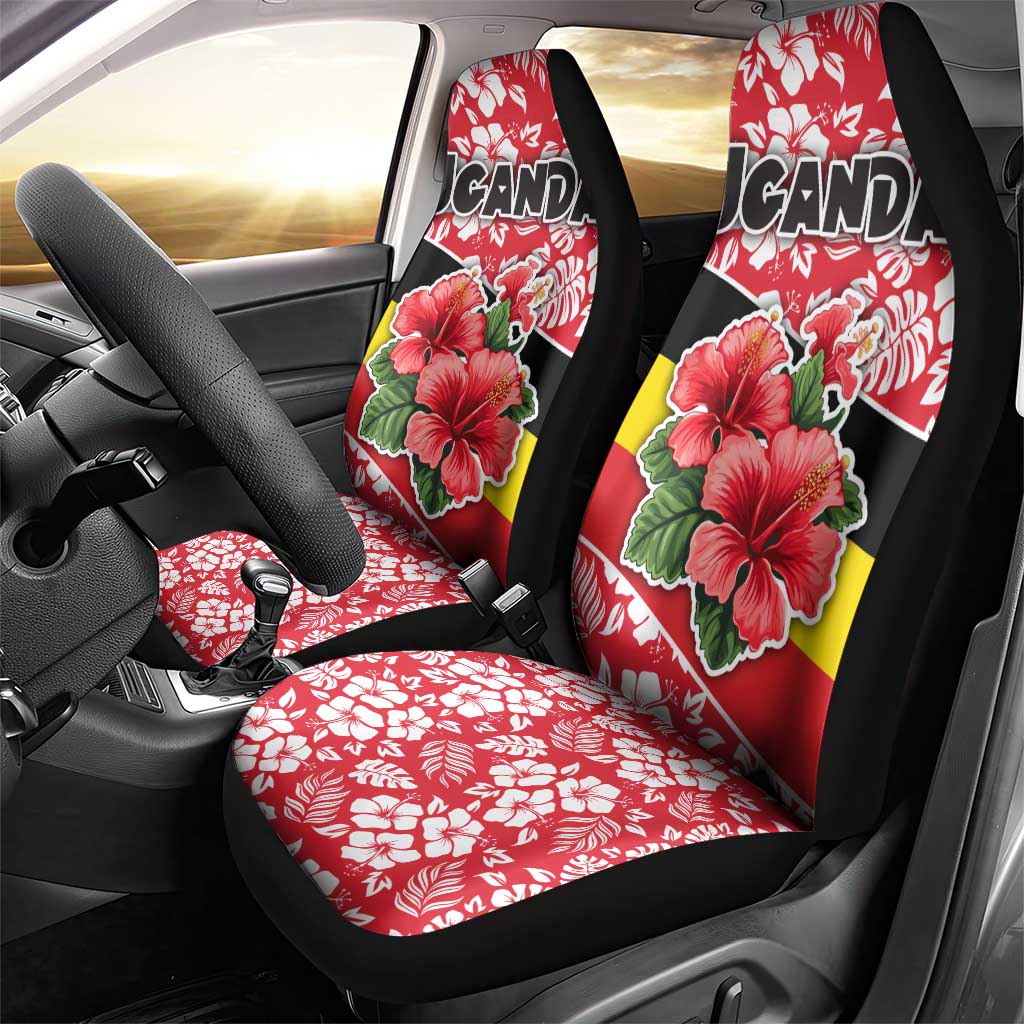 Uganda Car Seat Cover - Red Hibiscus Flowers and National Flag Design