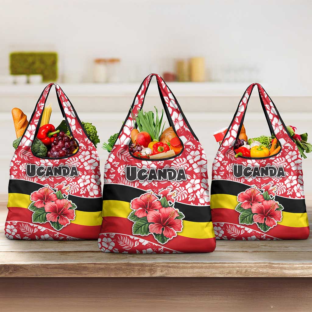 Uganda Grocery Bag - Red Hibiscus Flowers and National Flag Design
