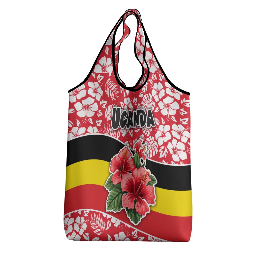 Uganda Grocery Bag - Red Hibiscus Flowers and National Flag Design