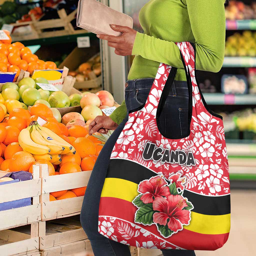 Uganda Grocery Bag - Red Hibiscus Flowers and National Flag Design