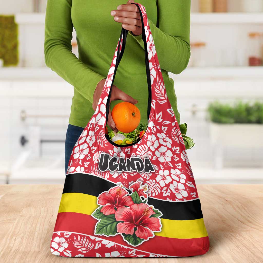 Uganda Grocery Bag - Red Hibiscus Flowers and National Flag Design