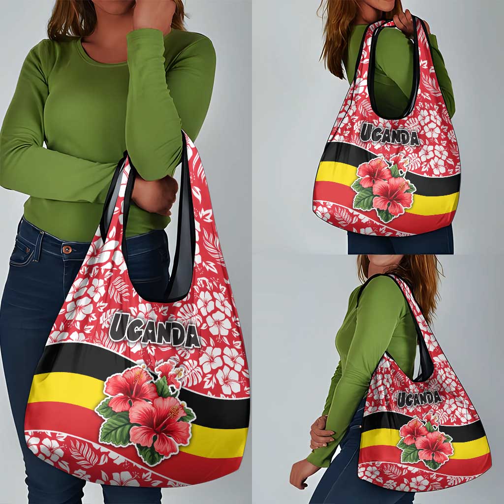 Uganda Grocery Bag - Red Hibiscus Flowers and National Flag Design