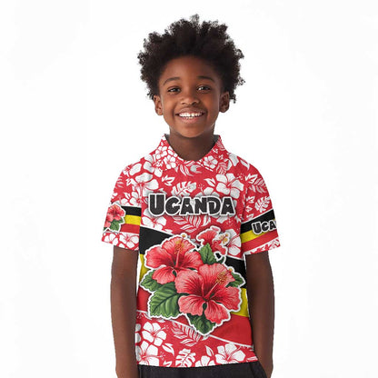 Uganda Kid Polo Shirt - Red Hibiscus Flowers and National Flag Design