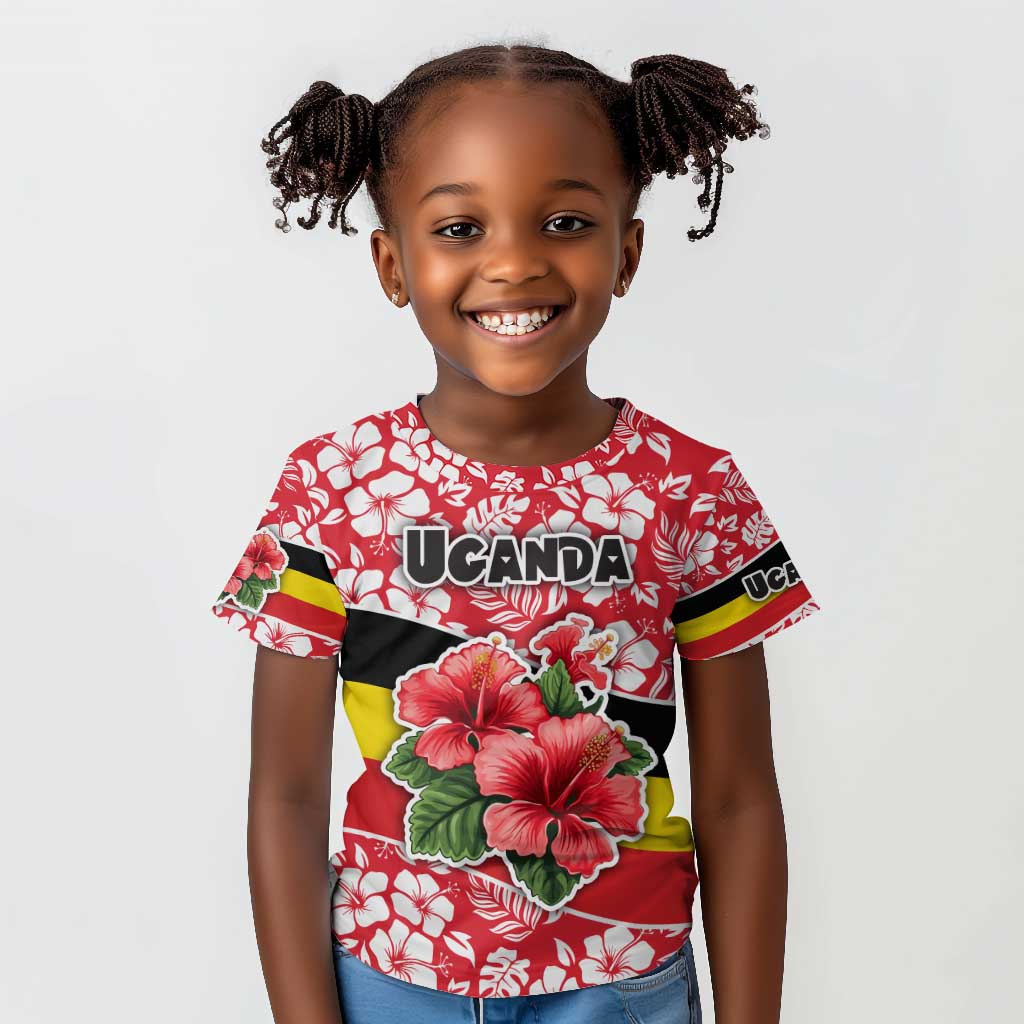 Uganda Kid T shirt - Red Hibiscus Flowers and National Flag Design