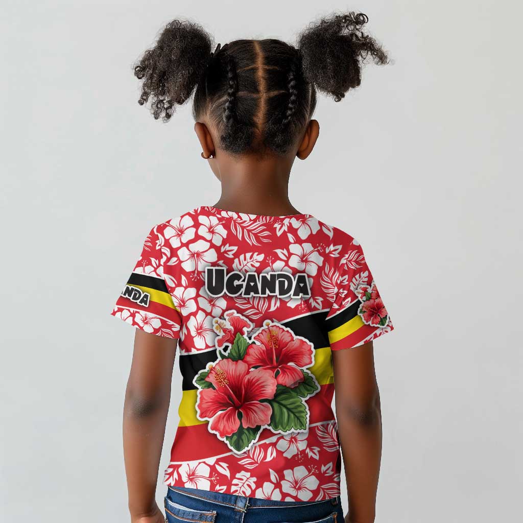 Uganda Kid T shirt - Red Hibiscus Flowers and National Flag Design