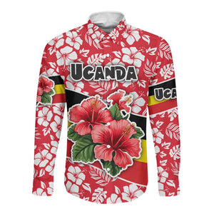 Uganda Long Sleeve Button Shirt - Red Hibiscus Flowers and National Flag Design