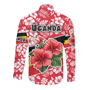 Uganda Long Sleeve Button Shirt - Red Hibiscus Flowers and National Flag Design
