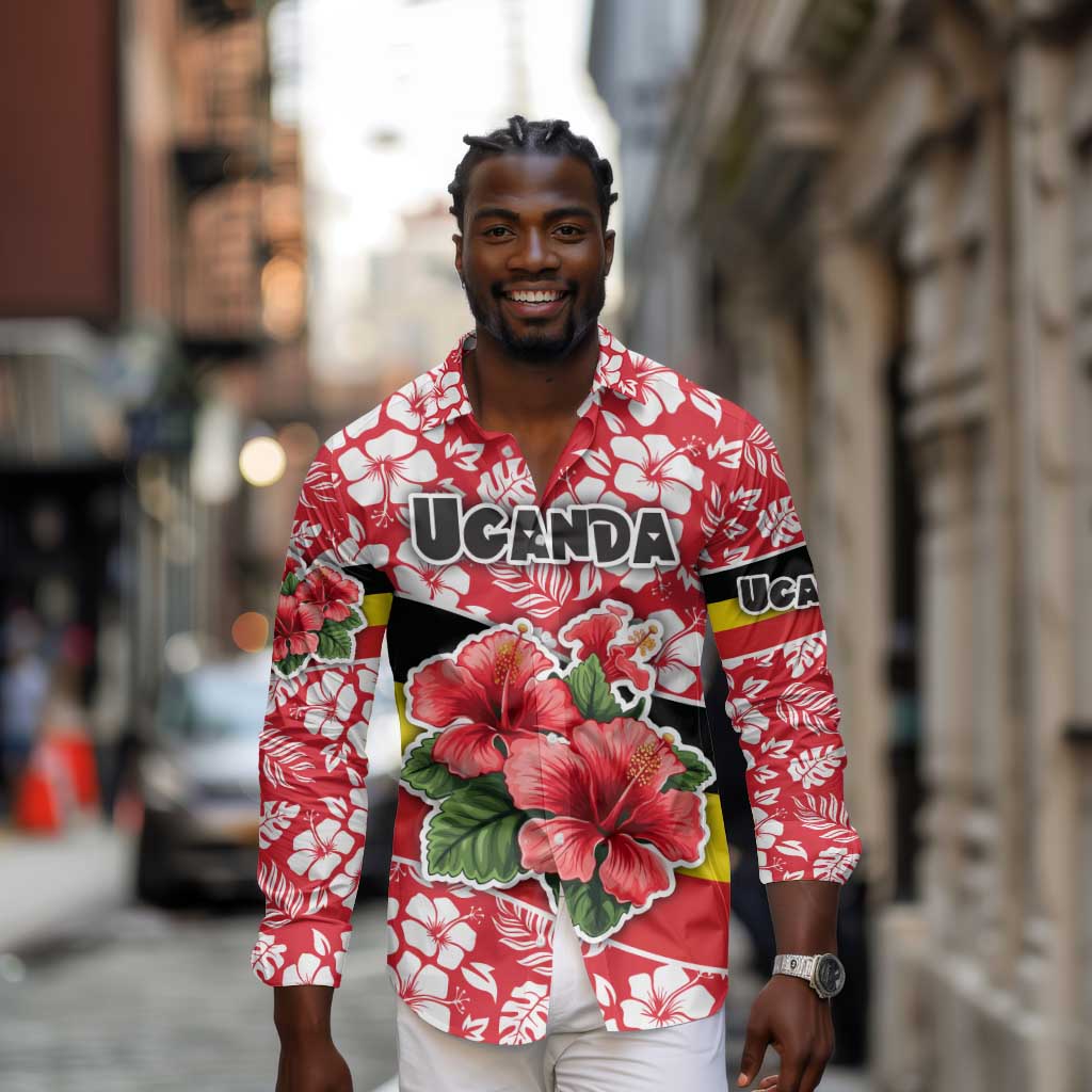 Uganda Long Sleeve Button Shirt - Red Hibiscus Flowers and National Flag Design