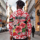 Uganda Long Sleeve Button Shirt - Red Hibiscus Flowers and National Flag Design