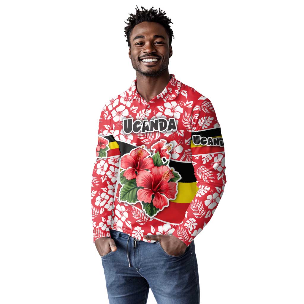 Uganda Long Sleeve Polo Shirt - Red Hibiscus Flowers and National Flag Design