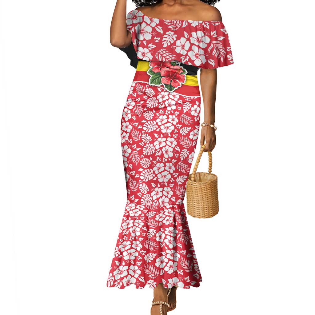 Uganda Mermaid Dress - Red Hibiscus Flowers and National Flag Design