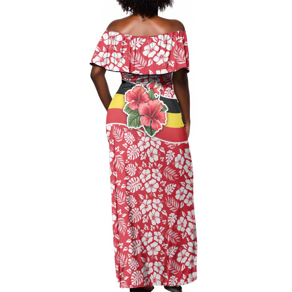 Uganda Off Shoulder Maxi Dress - Red Hibiscus Flowers and National Flag Design