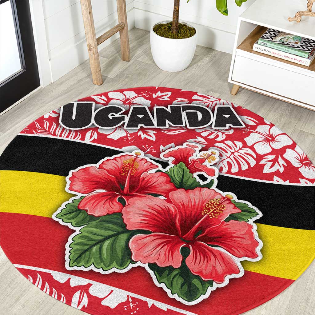 Uganda Round Carpet - Red Hibiscus Flowers and National Flag Design