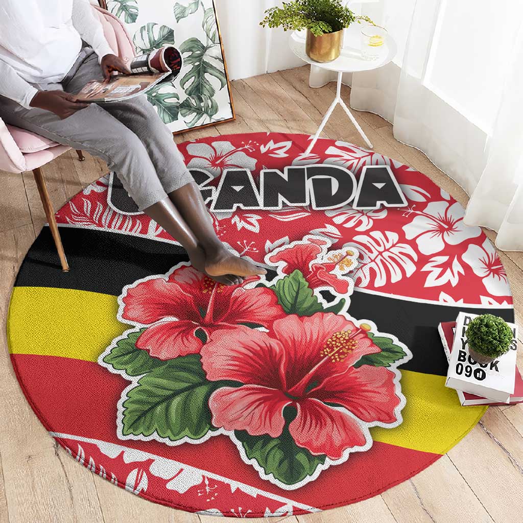 Uganda Round Carpet - Red Hibiscus Flowers and National Flag Design