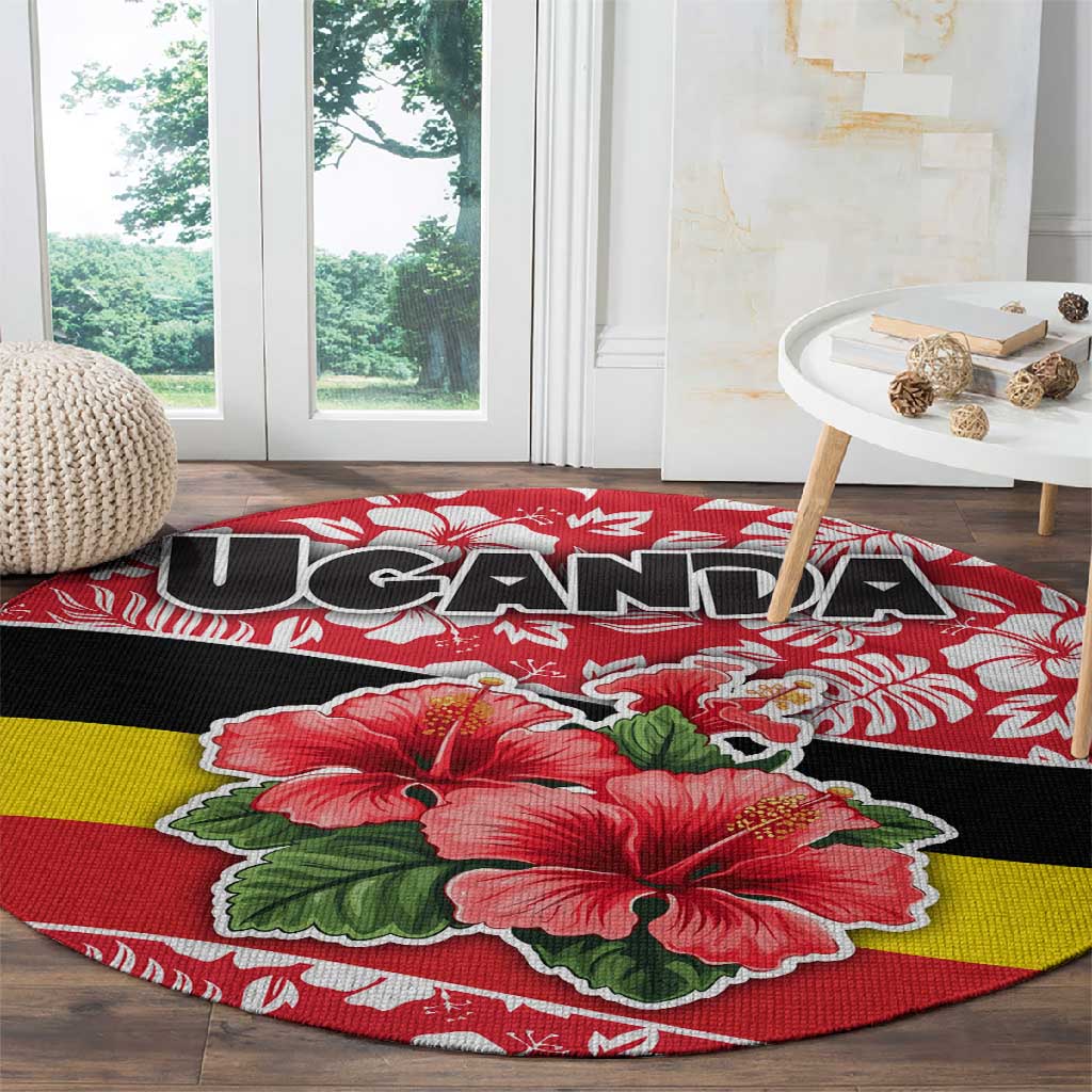 Uganda Round Carpet - Red Hibiscus Flowers and National Flag Design