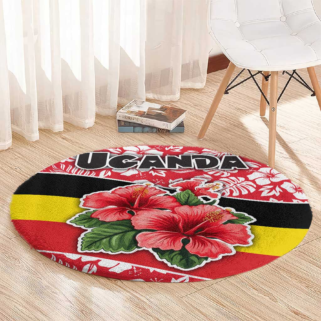Uganda Round Carpet - Red Hibiscus Flowers and National Flag Design