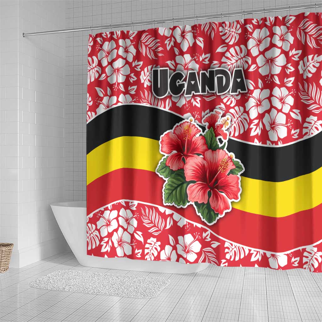 Uganda Shower Curtain - Red Hibiscus Flowers and National Flag Design