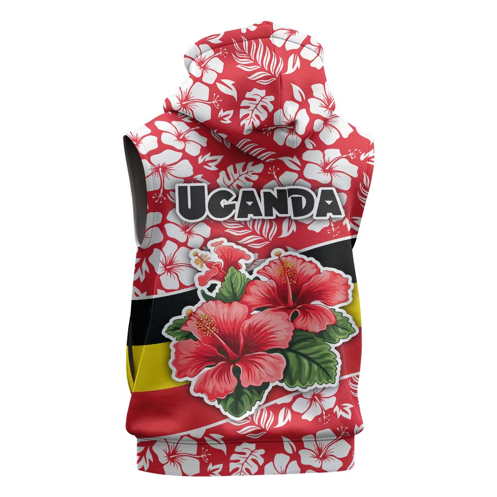 Uganda Sleeveless Hoodie - Red Hibiscus Flowers and National Flag Design - African Pride