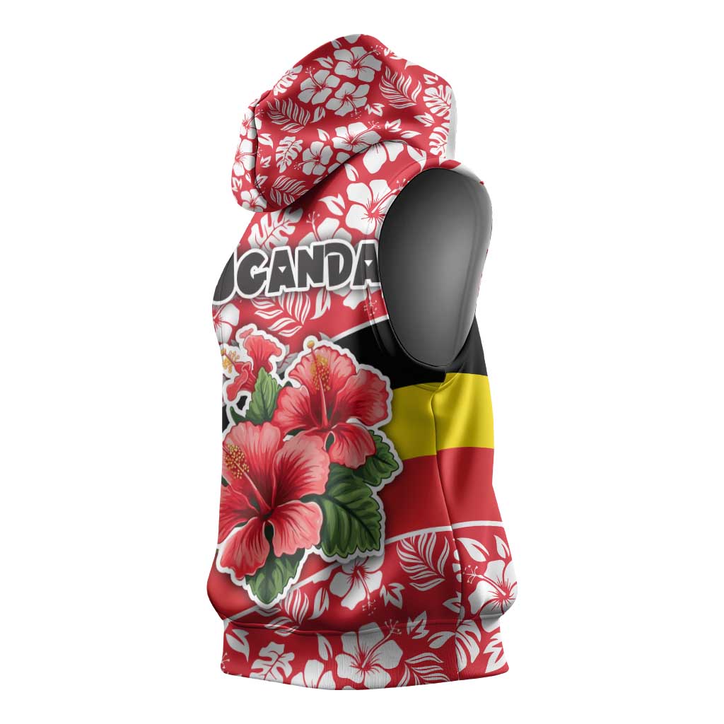 Uganda Sleeveless Hoodie - Red Hibiscus Flowers and National Flag Design - African Pride