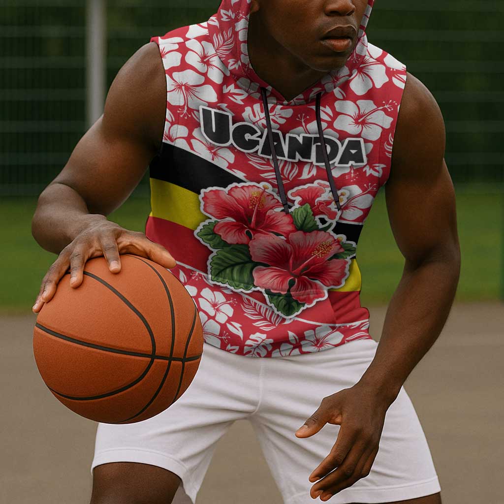 Uganda Sleeveless Hoodie - Red Hibiscus Flowers and National Flag Design - African Pride
