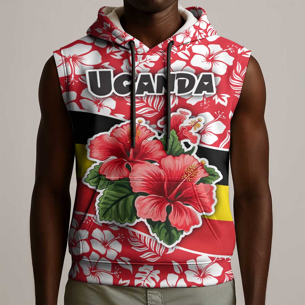 Uganda Sleeveless Hoodie - Red Hibiscus Flowers and National Flag Design - African Pride