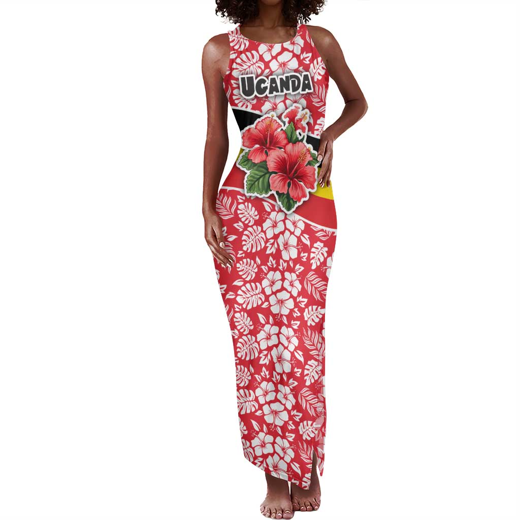 Uganda Tank Maxi Dress - Red Hibiscus Flowers and National Flag Design