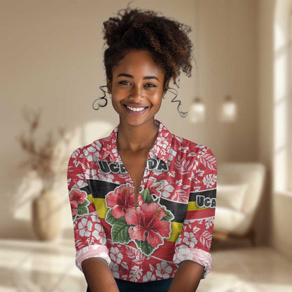Uganda Women Casual Shirt - Red Hibiscus Flowers and National Flag Design