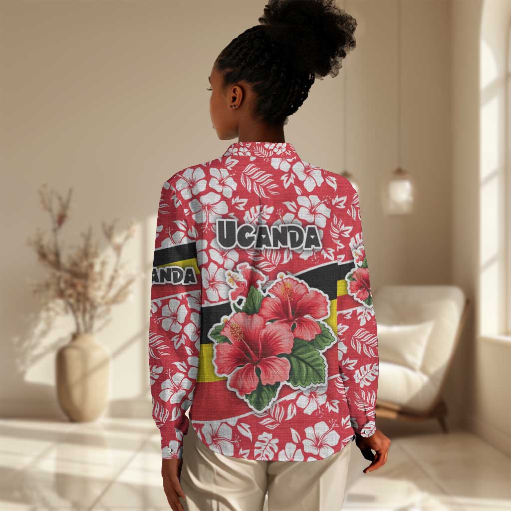 Uganda Women Casual Shirt - Red Hibiscus Flowers and National Flag Design